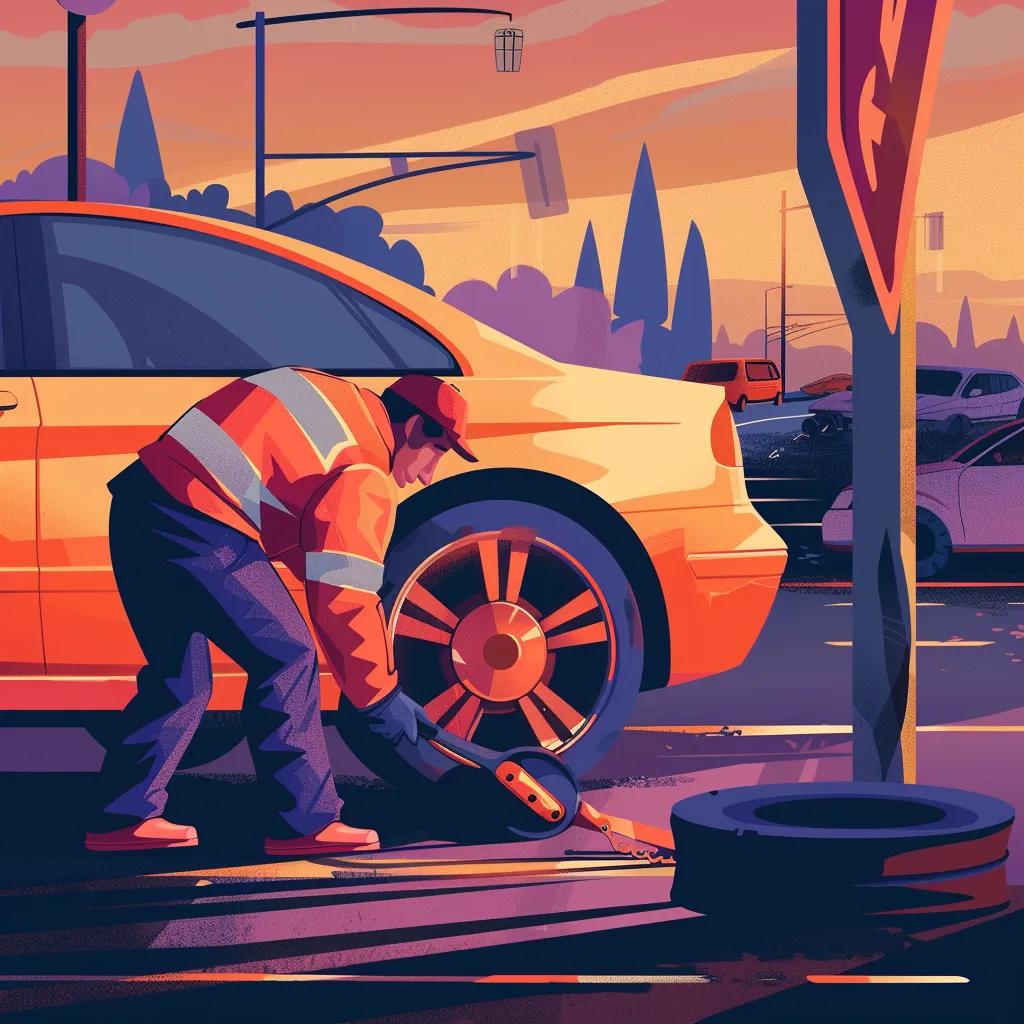 Technician changing a flat tyre on the roadside