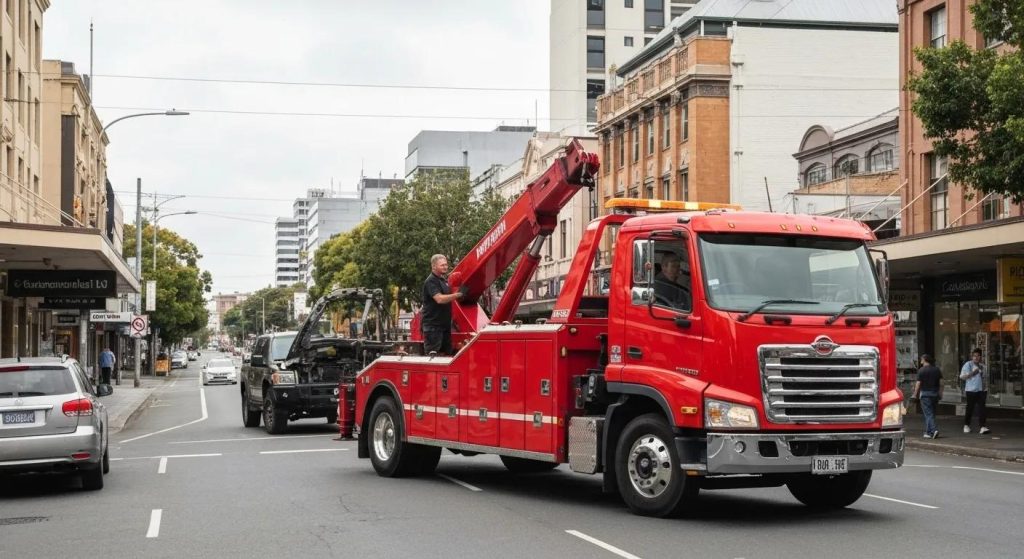 A modern tow truck assisting a vehicle on a busy Parramatta street, showcasing prompt and budget-friendly towing solutions
