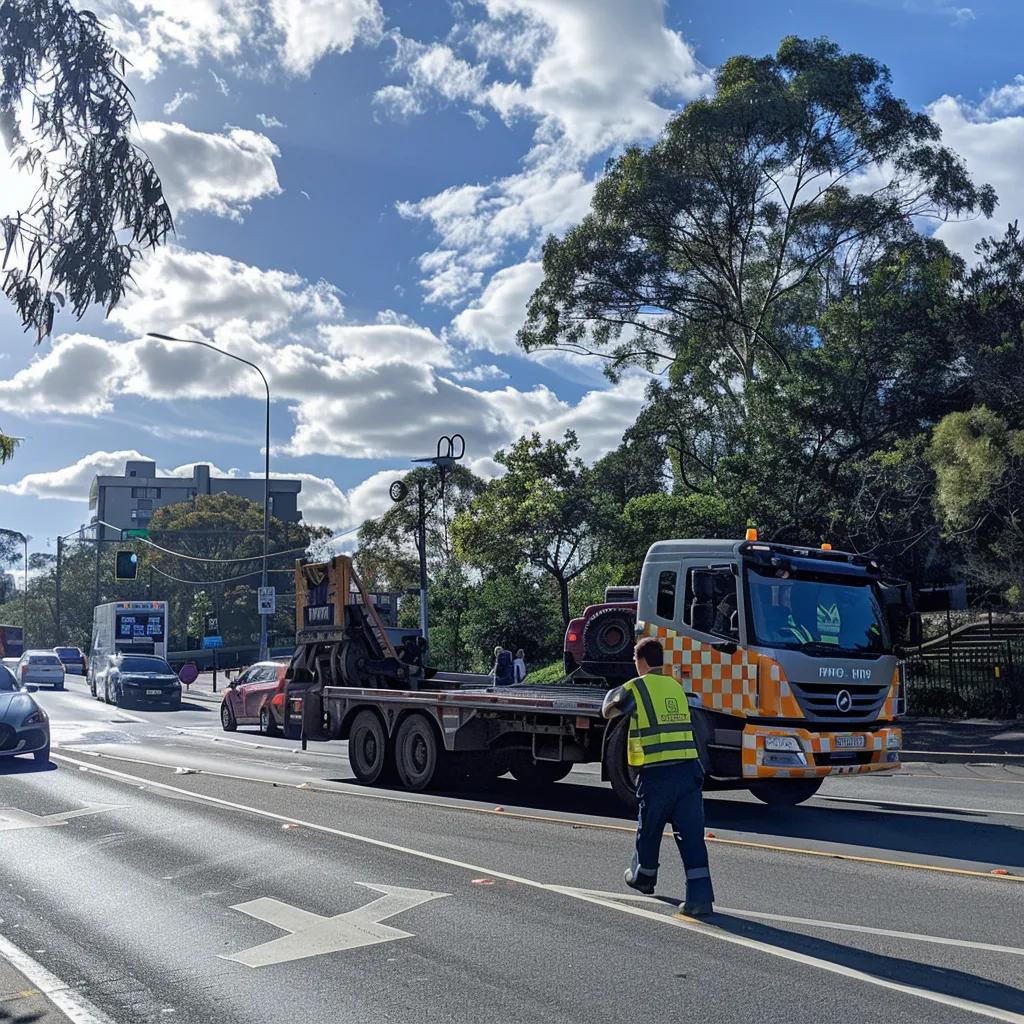 A tilt-tray tow truck arriving promptly at a roadside emergency in Parramatta, demonstrating our rapid response capabilities