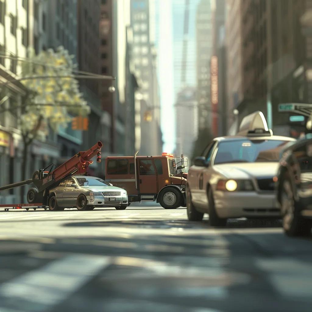 Tow truck assisting a stranded vehicle on a busy street, representing reliable towing services