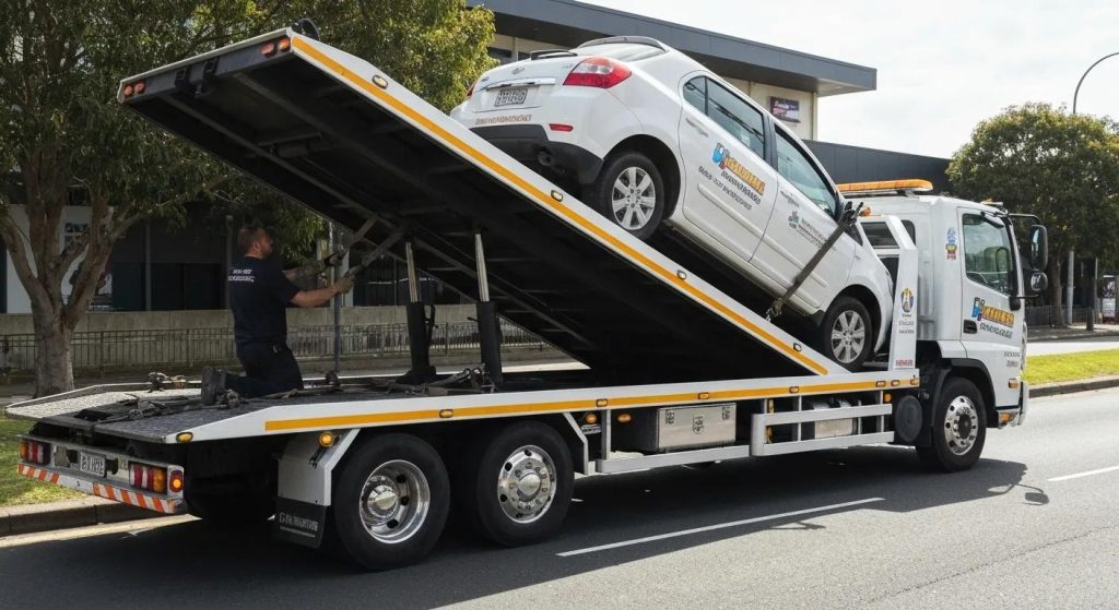 Tilt-tray towing truck carefully loading a vehicle in Parramatta, showcasing our swift and dependable towing solutions