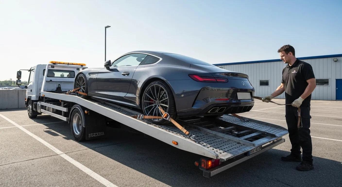 Tilt tray tow truck loading a luxury car, illustrating damage-free transport benefits