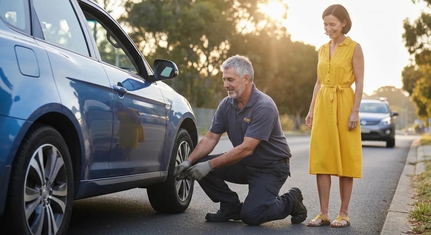 Ace Towing technician changing a tyre for a customer on the roadside in Merrylands
