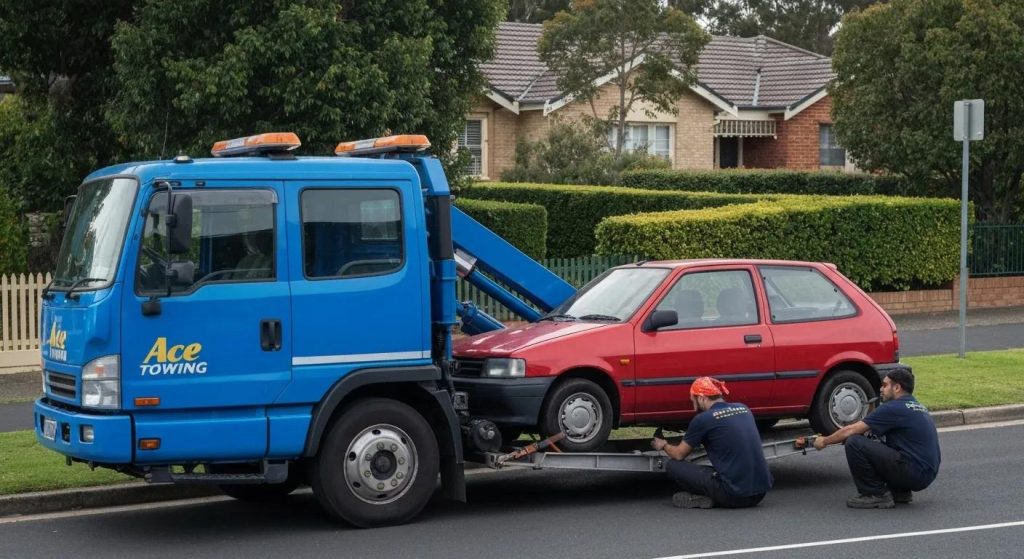 Ace Towing truck helping a stranded car in Merrylands, showcasing emergency towing