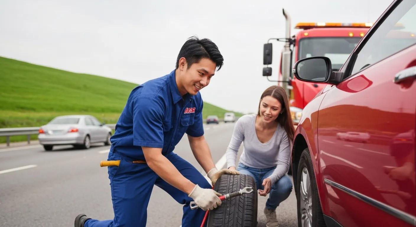 Technician assisting a motorist with flat tire, showcasing Ace Towing's roadside assistance services