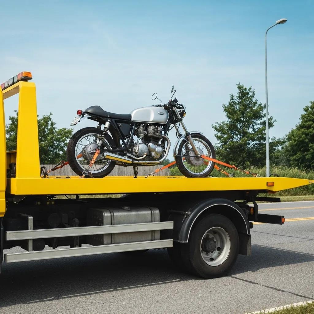 Motorcycle secured on tilt tray tow truck with specialized equipment