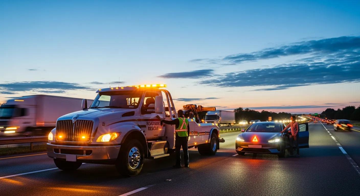 Tow truck arriving to assist a motorist in distress, showcasing rapid response capabilities