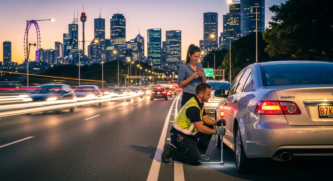 Technician helping a driver change a flat tire on a busy road in Sydney