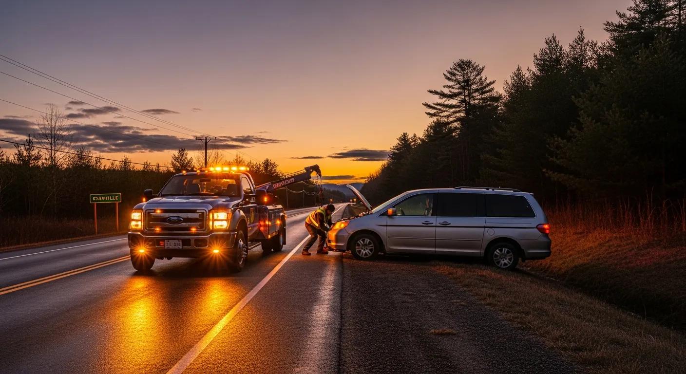 Tow truck assisting a stranded vehicle on the side of the road in Granville