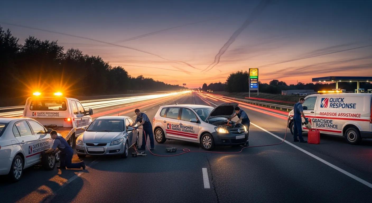 Roadside assistance services in action, including tire change, jump start, and fuel delivery, highlighting quick response