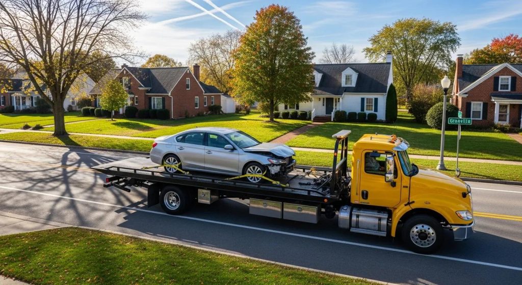 Tow truck transporting a vehicle safely on a flatbed in Granville