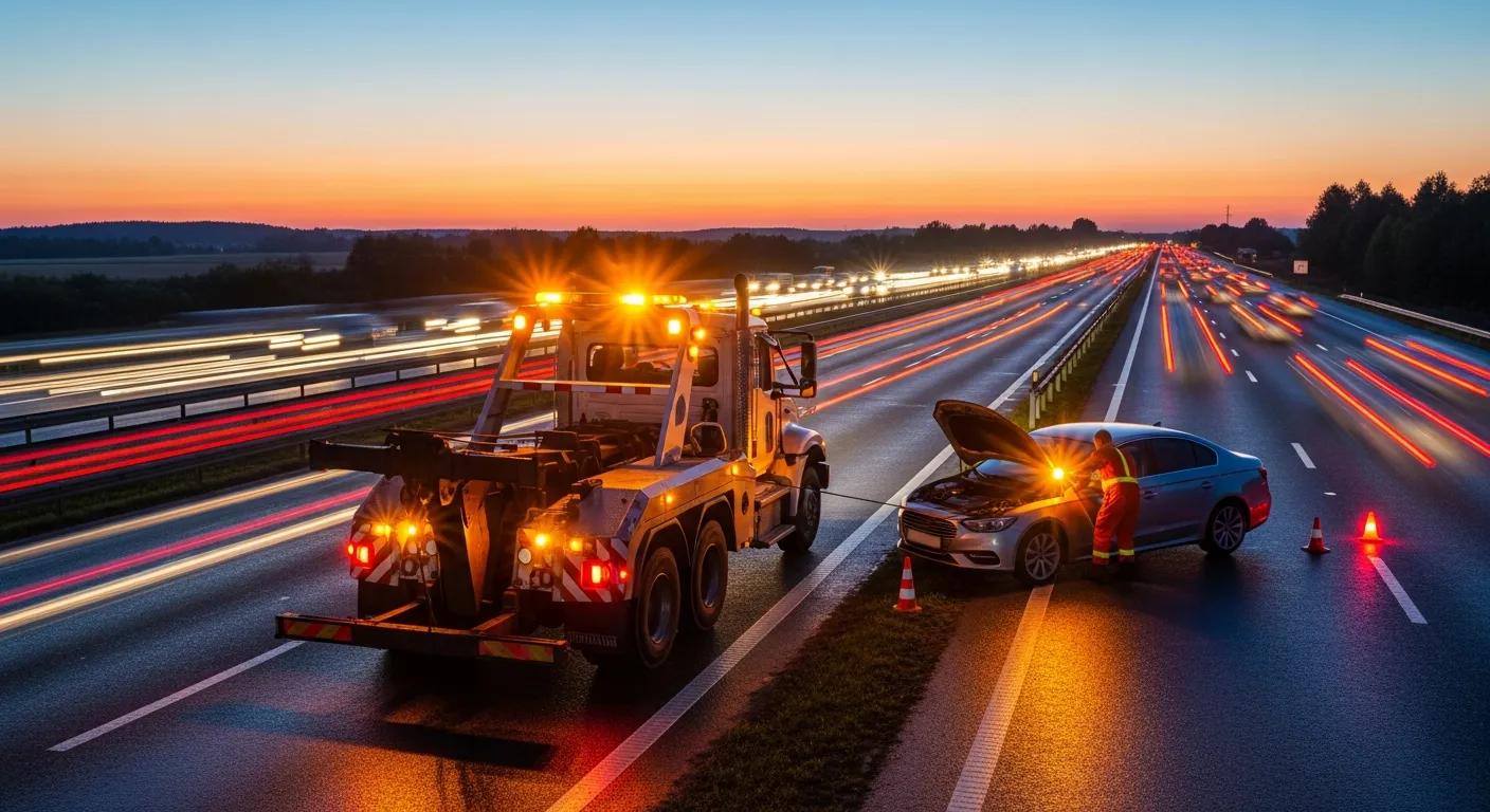 Tow truck assisting a stranded vehicle on a busy road, representing emergency towing services