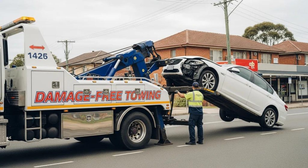 Professional towing truck loading a vehicle in Merrylands, highlighting damage-free towing services