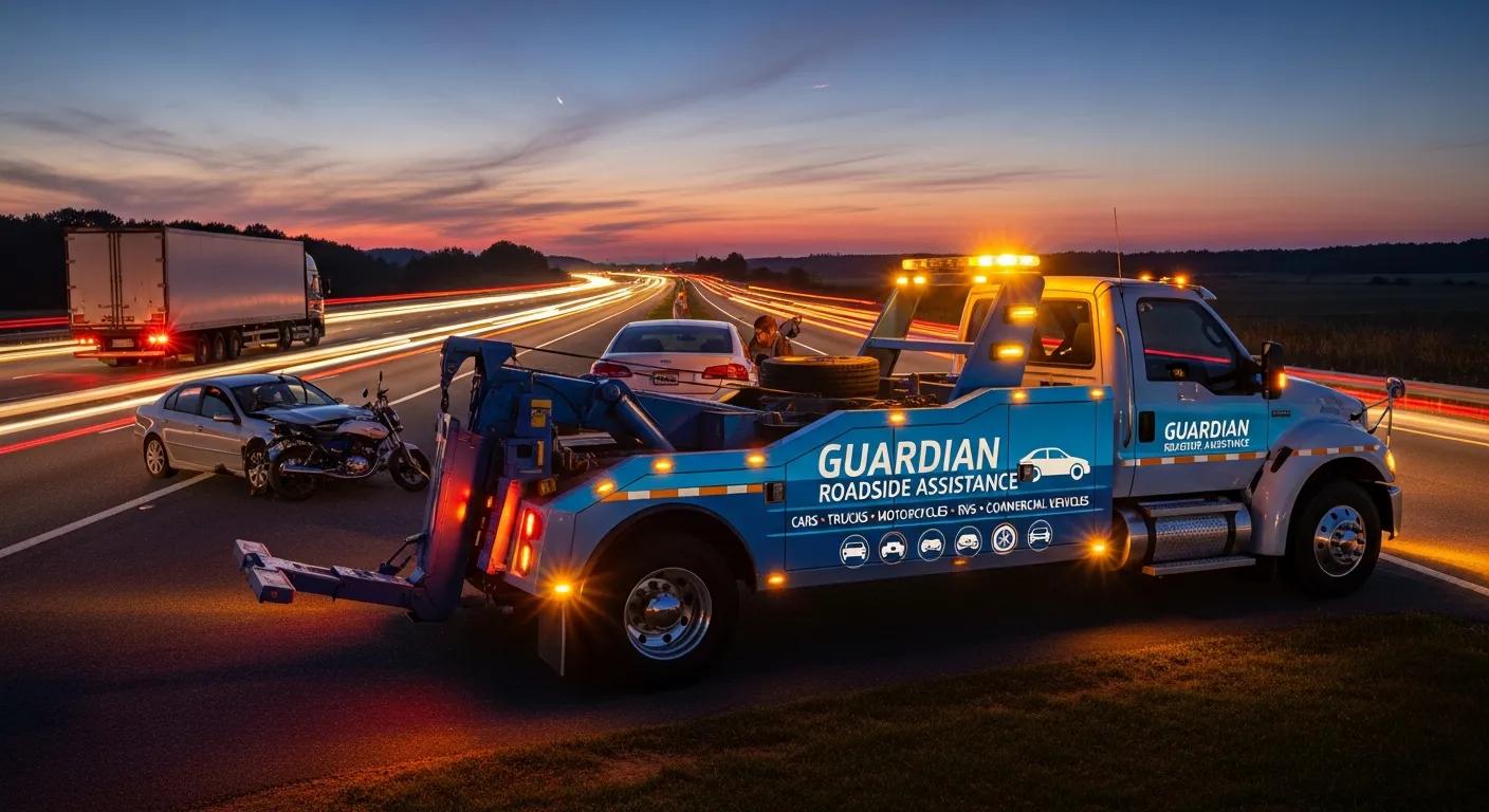 Tow truck equipped for roadside assistance, highlighting services for various vehicle types