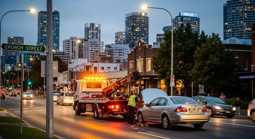 Tow truck assisting a stranded vehicle in Parramatta, highlighting emergency towing services