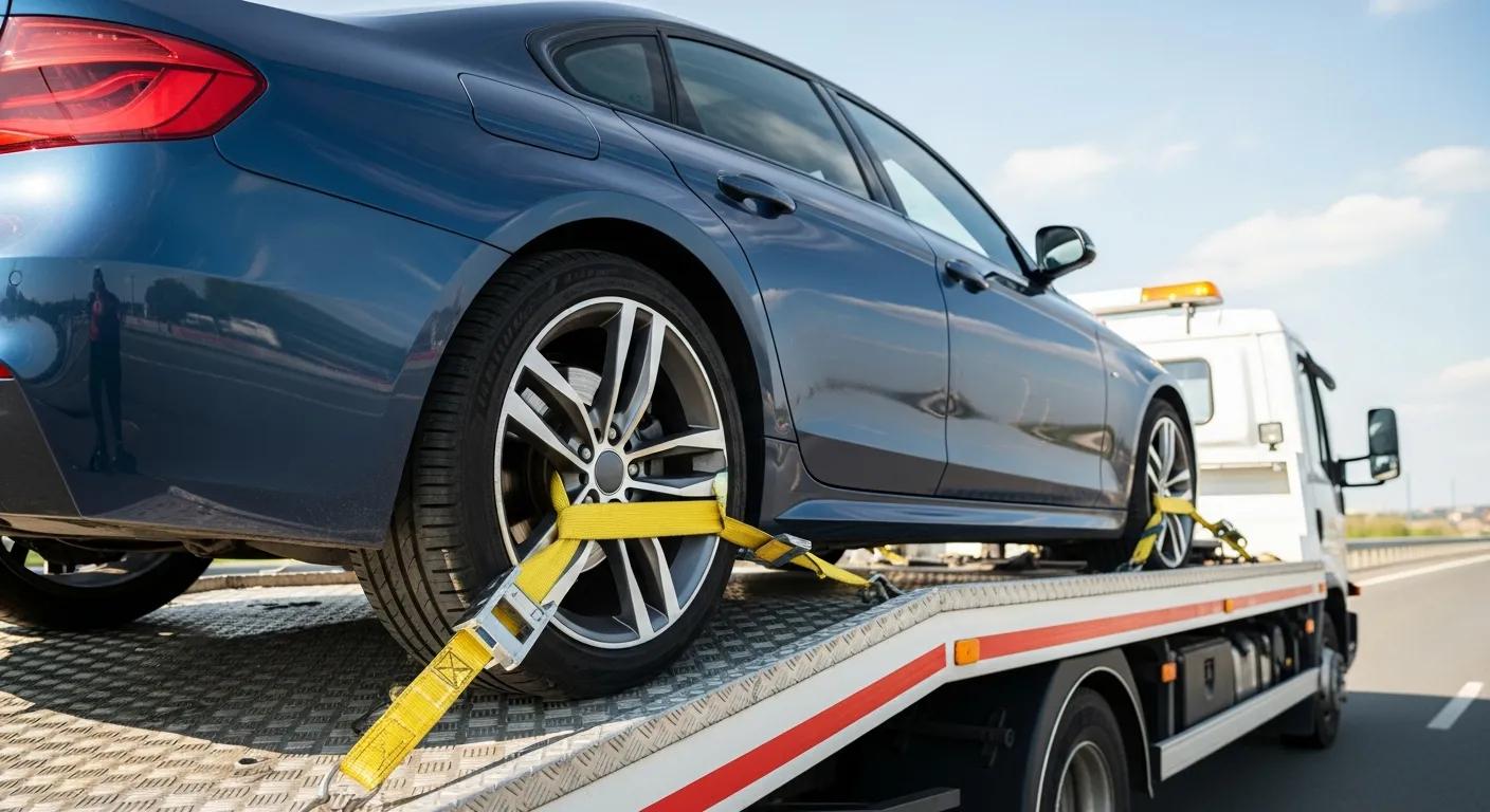 Vehicle secured on a flatbed tow truck with soft straps, illustrating damage-free towing methods