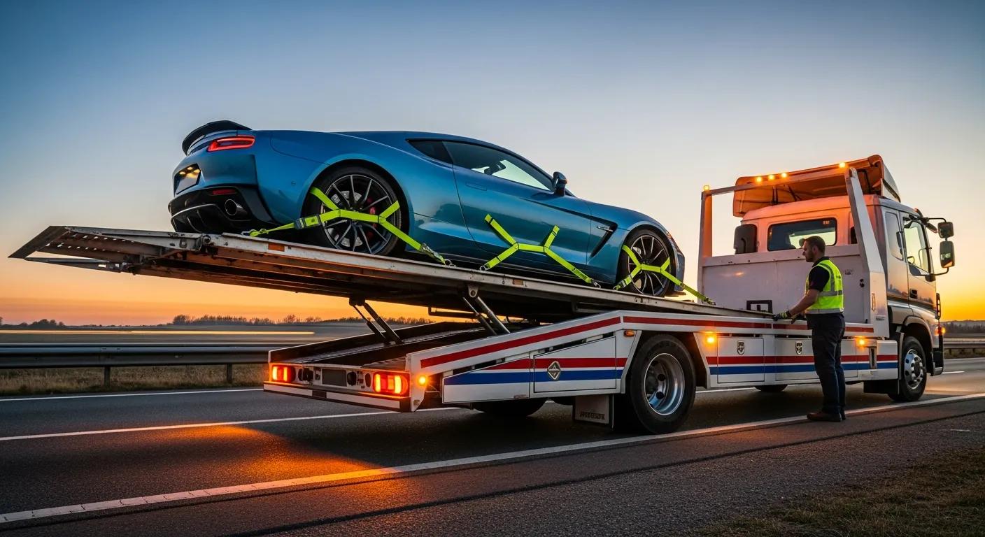 Tilt tray truck using soft wheel straps for damage-free vehicle loading, demonstrating safe towing techniques