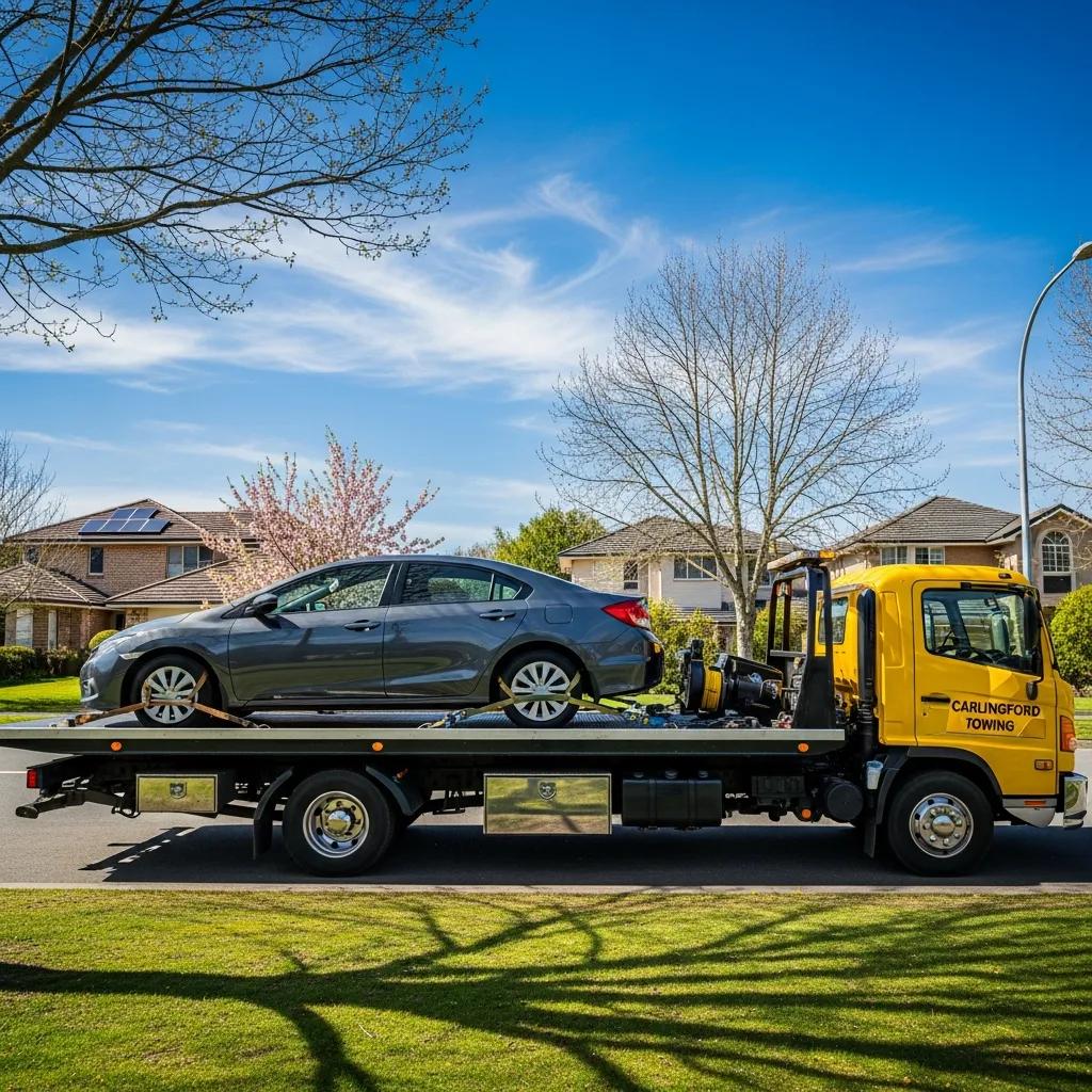 Tow truck loading a vehicle in Carlingford, highlighting reliable towing services