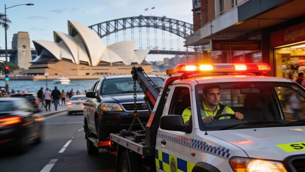 Modern towing truck in Sydney assisting a stranded vehicle on a busy urban street