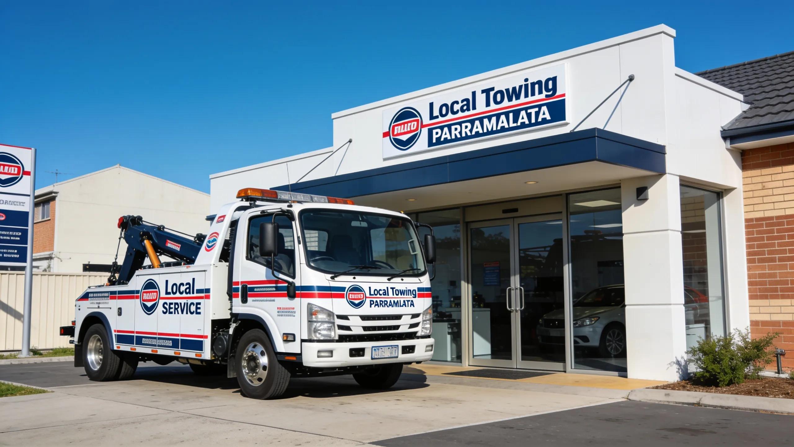 Exterior of a local towing service office in Parramatta with a tow truck, promoting local assistance