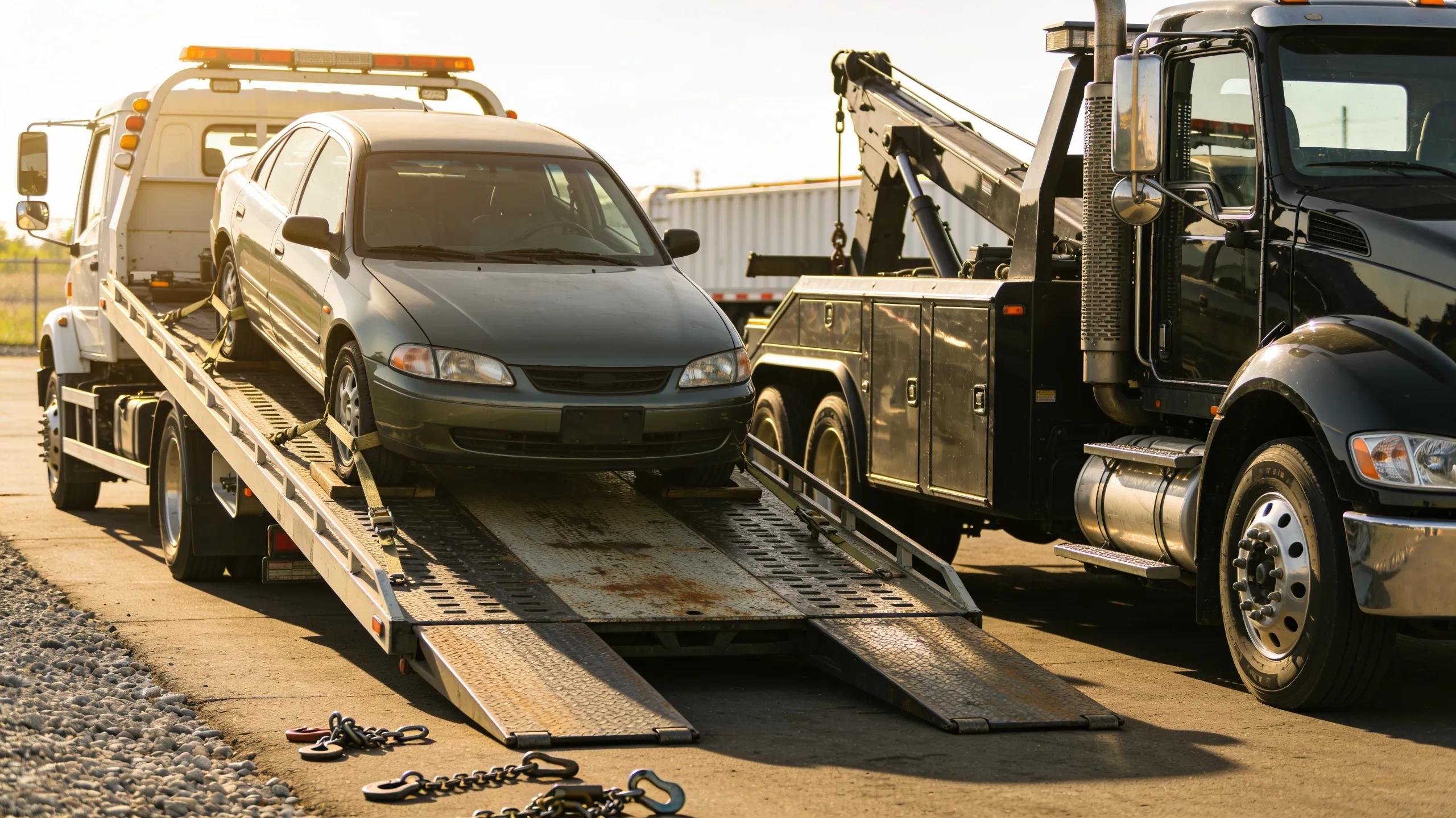 Various types of tow trucks including flatbed and heavy-duty models in a towing yard