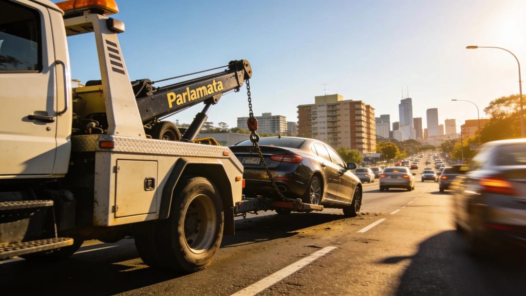 Tow truck in Parramatta providing roadside assistance with city skyline in background