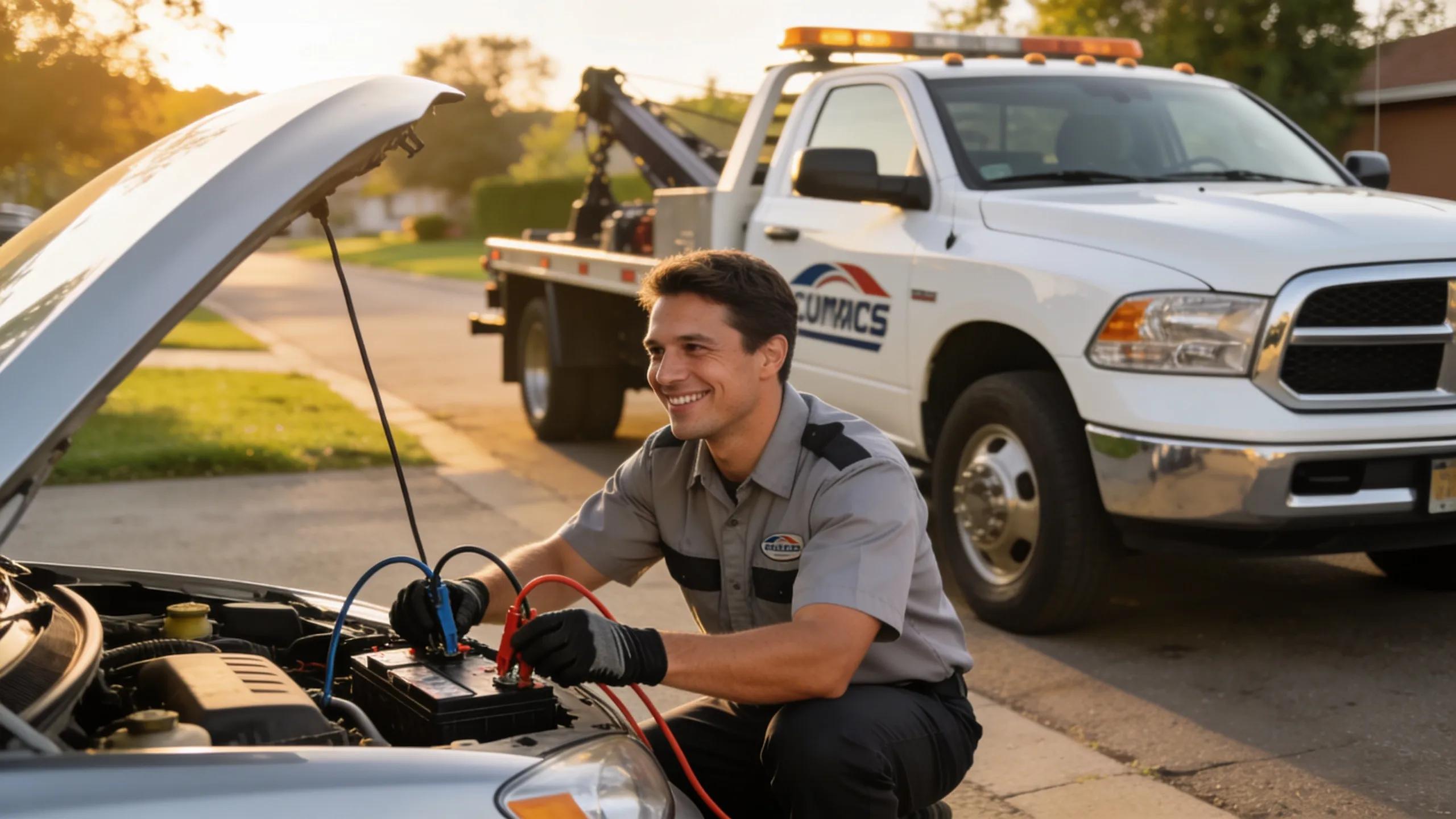 Tow truck driver assisting with a battery jump start in Sydney