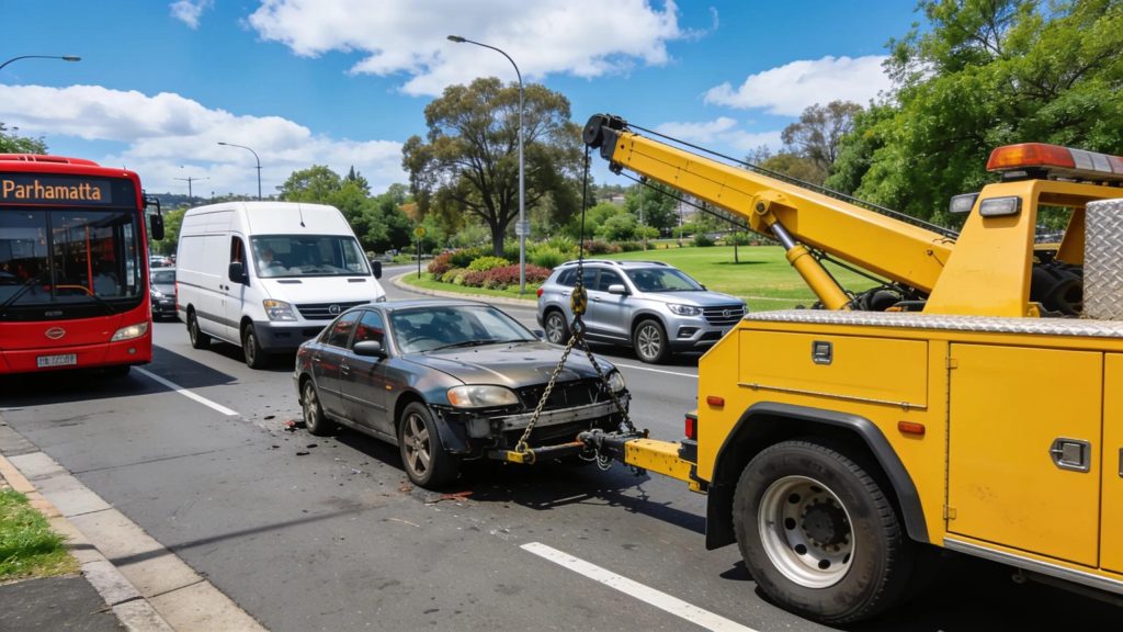 Tow truck assisting a vehicle on a busy road in Parramatta, emphasizing local emergency services