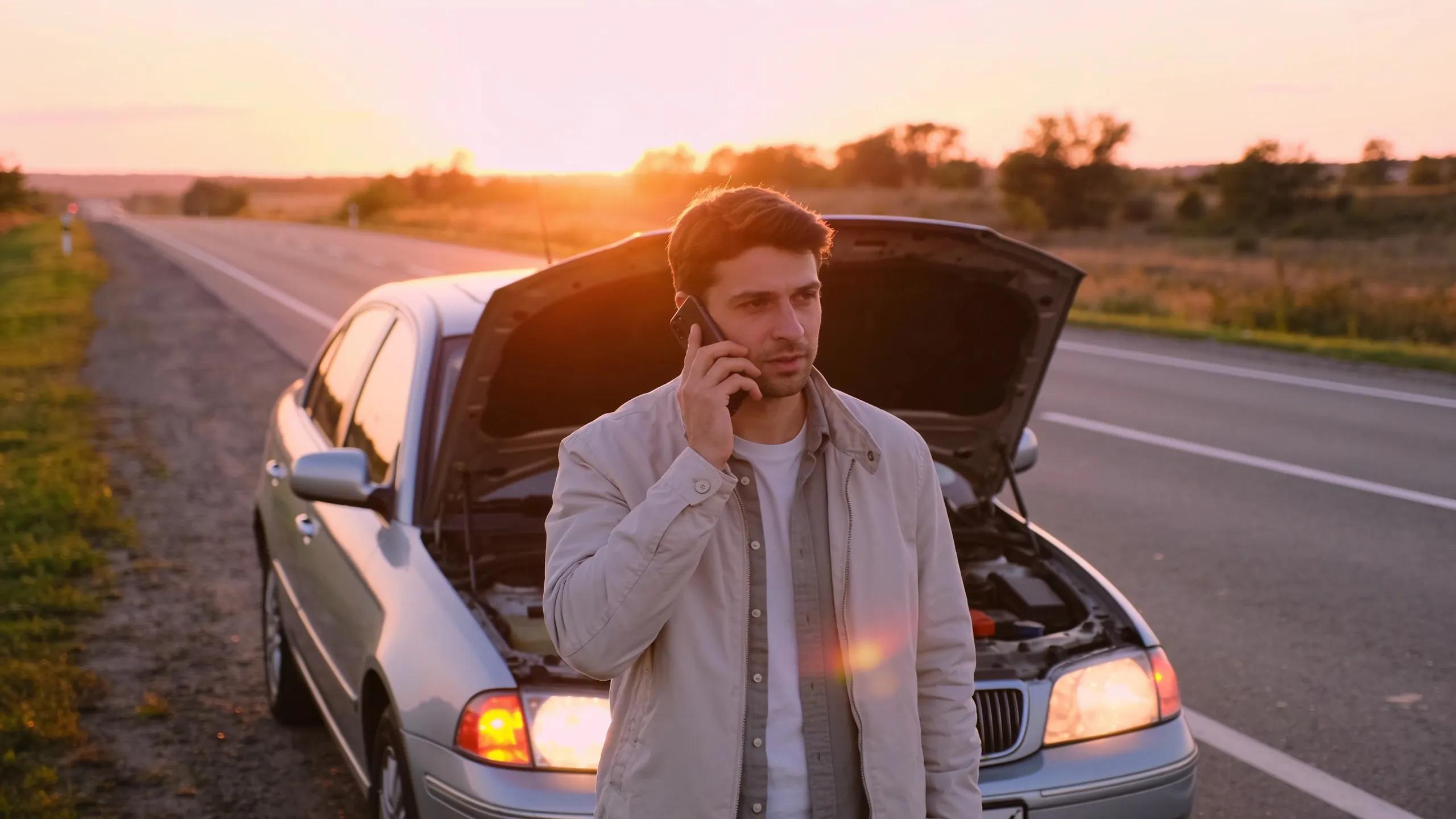 Calm driver next to a broken-down vehicle, illustrating emergency management tips