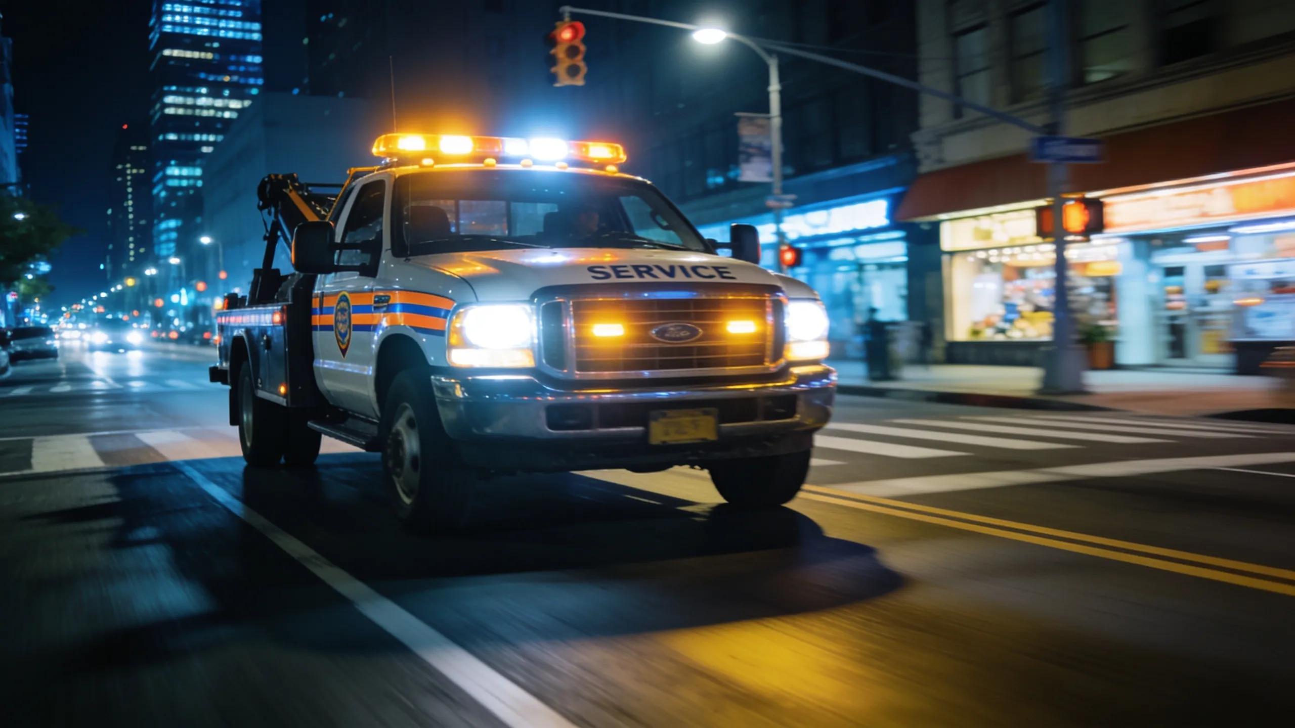 Towing service vehicle responding to a nighttime emergency with flashing lights