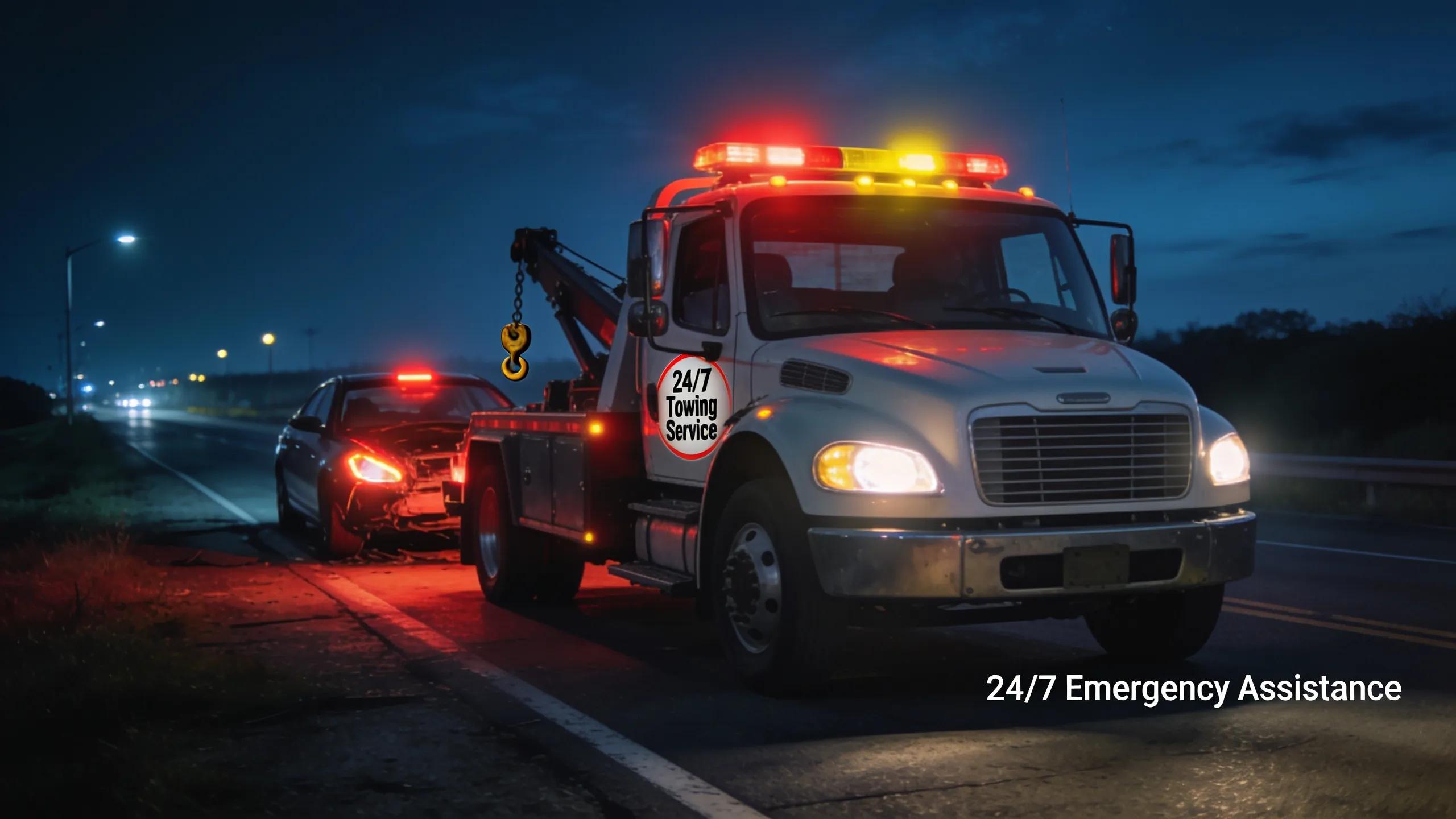 Tow truck responding to emergency call at night with bright lights illuminating the scene