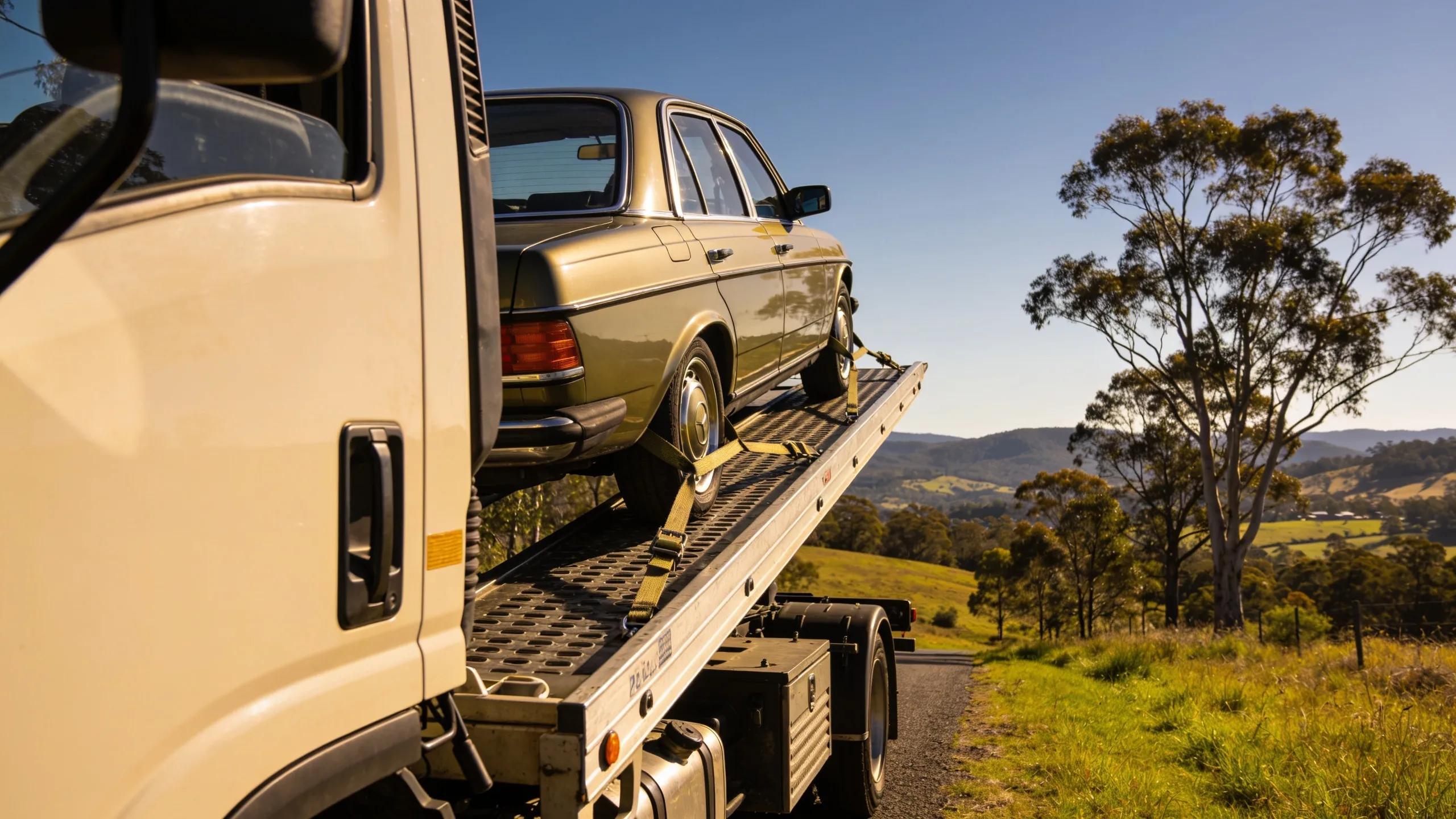 Flatbed tow truck transporting a classic car in a scenic environment