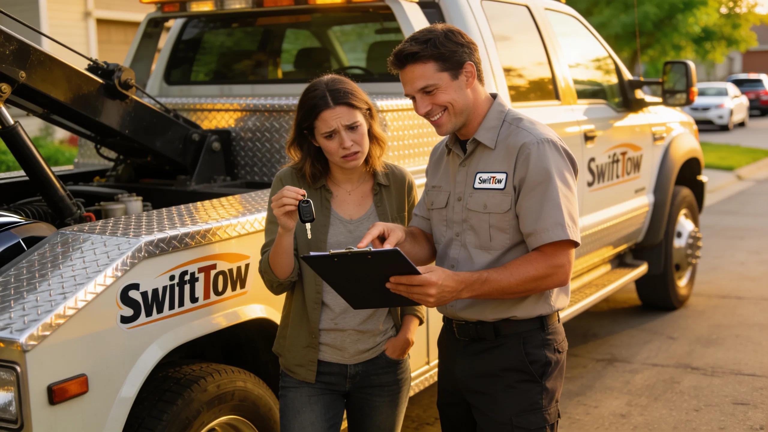 Friendly towing service professional assisting a driver during a roadside emergency